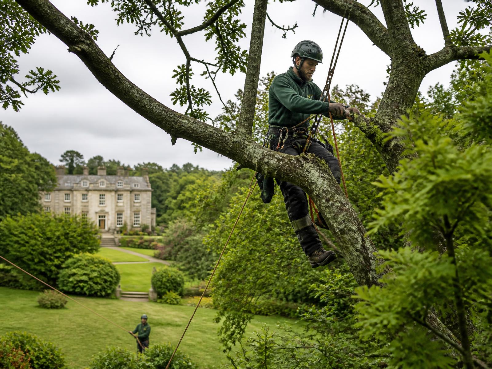 Professional tree surgeon working safely in a mature tree